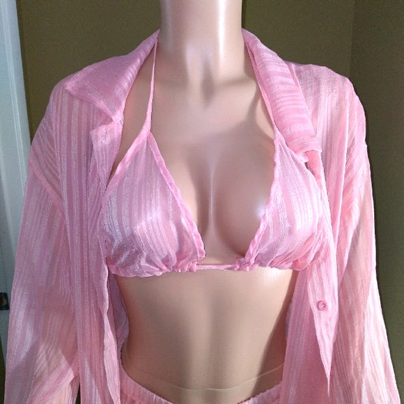 3 Piece Sheer Pink Sexy Swimsuit Pants Set - Picture 4 of 12